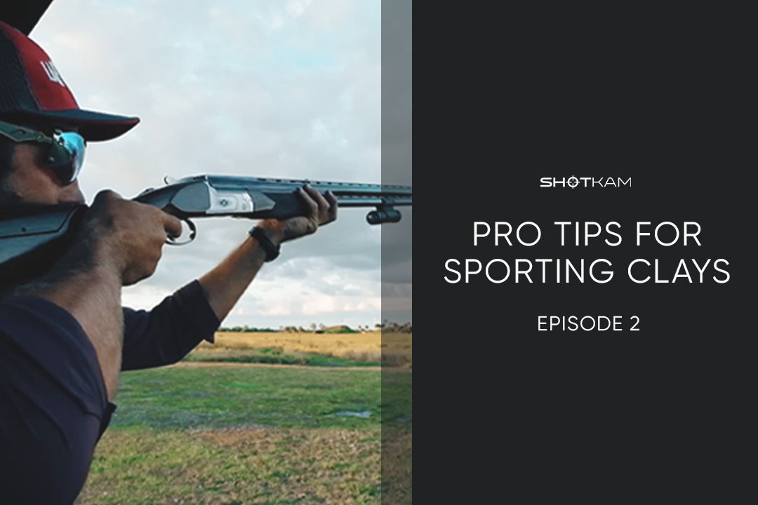 ShotKam Sporting Clays Pro Tips Episode 2 - Shooter aiming at clay target on a field in Europe, focusing on precision and technique using ShotKam technology.