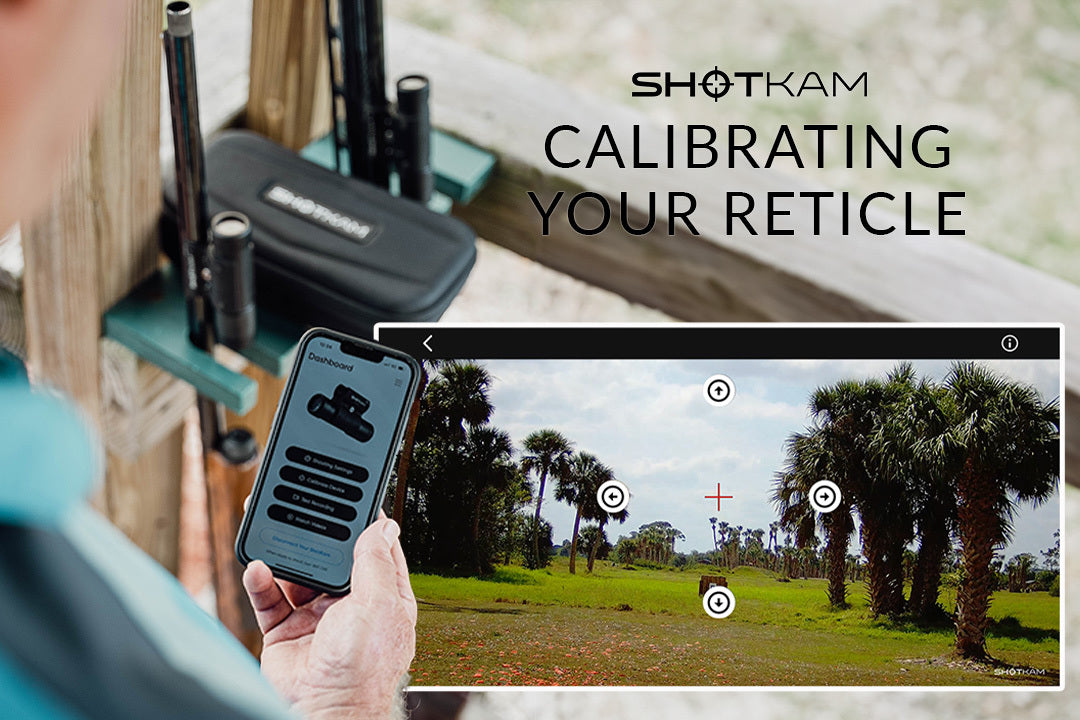 ShotKam calibration process on a mobile app, set against a lush European shooting range, perfecting reticle alignment for enhanced accuracy.