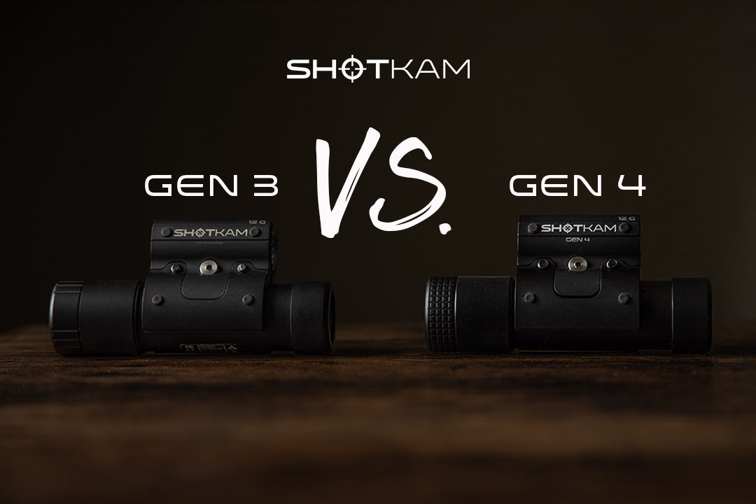 Side-by-side comparison of ShotKam Gen 3 and Gen 4 cameras, highlighting improvements in the latest model for European hunters and clay shooters.
