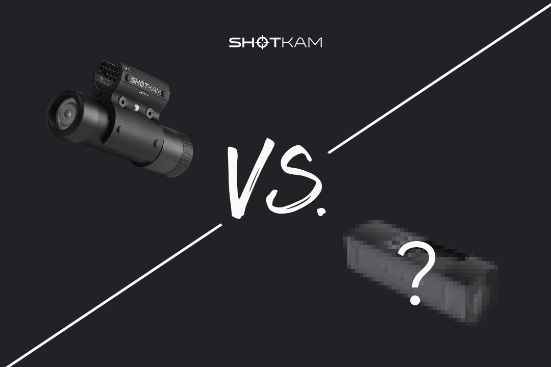 Side-by-side comparison of the ShotKam Gen 4 camera against a blurred competitor, emphasizing the ShotKam's superiority for European hunters and clay shooters.