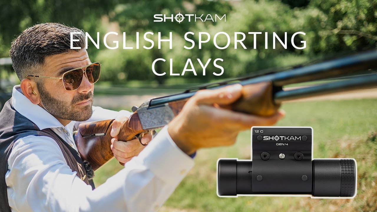Sporting clays shooter aiming with ShotKam Gen 4 camera attached, highlighting European clay shooting techniques.