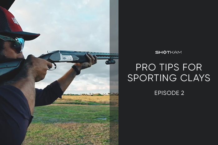 ShotKam Sporting Clays Pro Tips Episode 2 - Shooter aiming at clay target on a field in Europe, focusing on precision and technique using ShotKam technology.