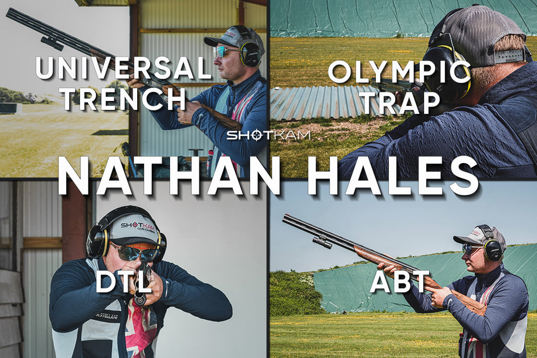 Nathan Hales in action with ShotKam camera mounted, highlighting multiple trap shooting events