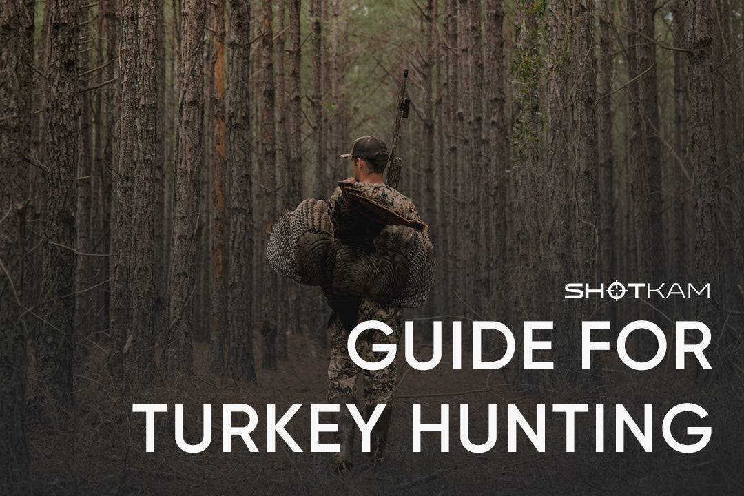 Turkey hunting scene with ShotKam attached to firearm as hunter carries bird through woodland