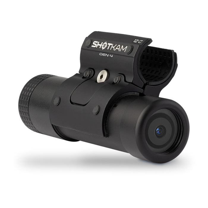 ShotKam Gen 4 shotgun camera with a 12-gauge mount, designed for hunting and shooting sports. Captures high-definition footage with durable construction and includes free US shipping