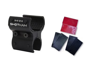 ShotKam Mini 12 Gauge Side-by-Side Bracket and SxS Kit, including additional rubber lining pads and adhesive strips for a non-slip fit on side-by-side shotguns.
